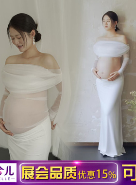 3191孕妇拍照服装复古纯欲风白一字肩网纱连衣裙影楼大肚孕姿出租
