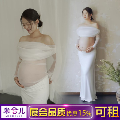 孕妇拍照服装一字肩网纱连衣裙