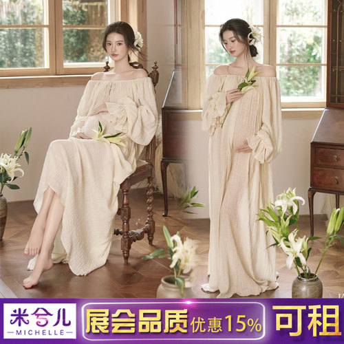 孕妇拍照服装新中式一字肩棉麻裙