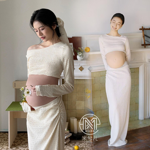 孕妇拍照服装影楼大肚摄影素雅一字肩居家服套装在家拍出租3544