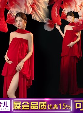 新年新款孕妇拍照服装影楼摄影国风新中式锦鲤红雪纺礼服出租3726