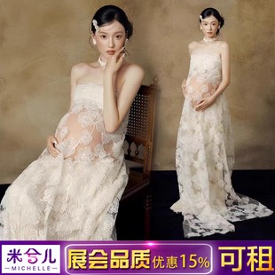 3626孕妇拍照服装新中式复古油画风蕾丝花朵礼服裙大肚照写真出租