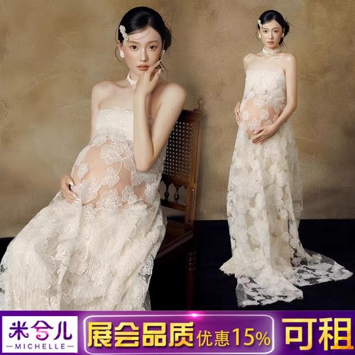 孕妇拍照服装新中式蕾丝花朵礼服