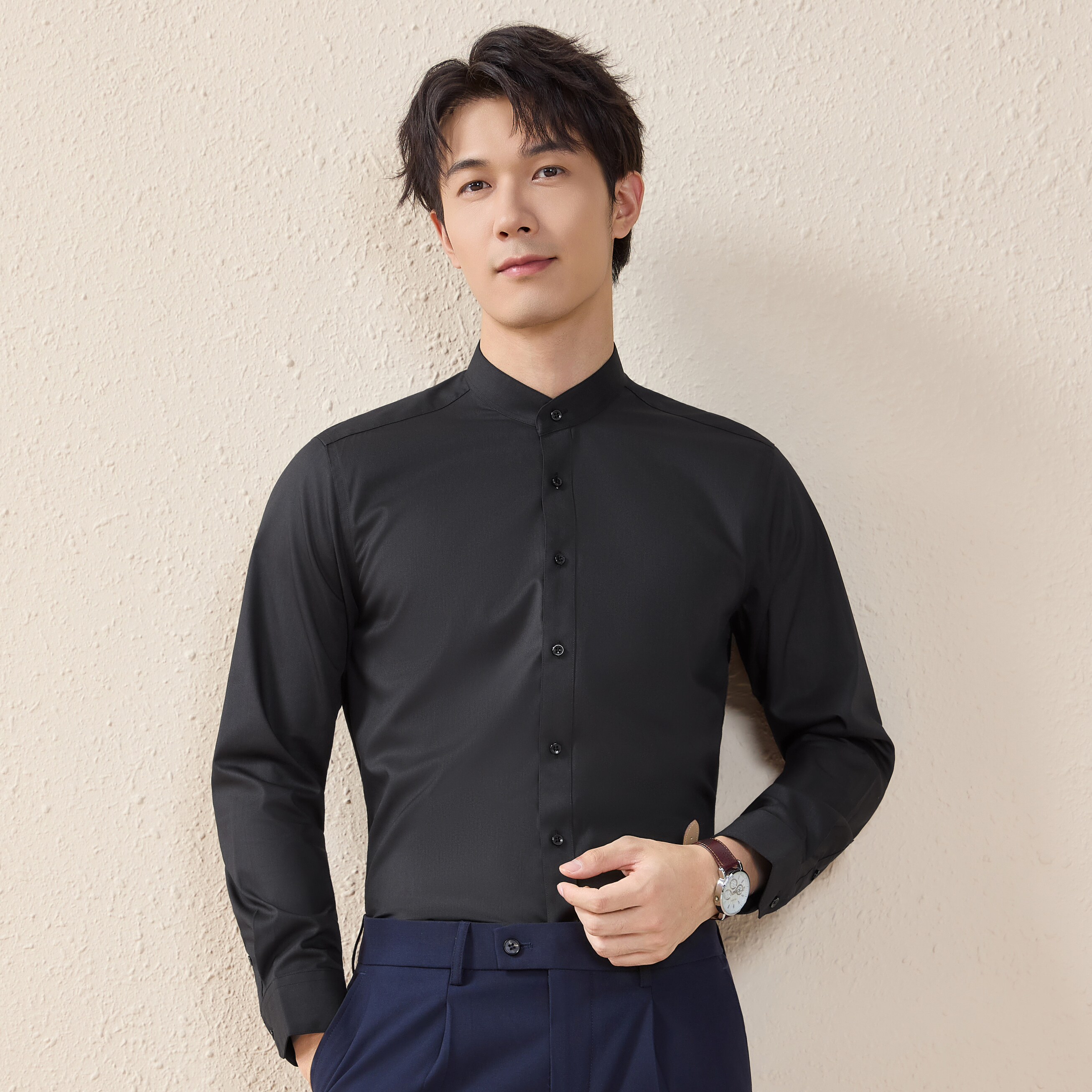 英伦商务立领修身男士长袖衬衫秋