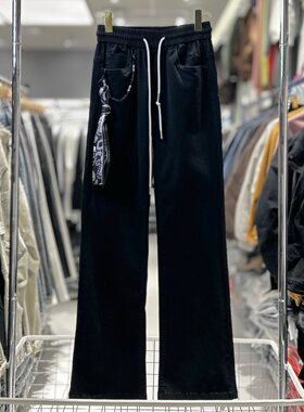 CYC潮牌春季新款小众高街微喇裤挂饰领巾休闲纯黑抽绳牛仔裤281