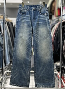 CYC潮牌高端A字直筒牛仔YKK拉链洗水猫须微喇做旧刮痕牛仔裤6945