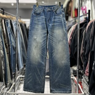 CYC潮牌高端A字直筒牛仔YKK拉链洗水猫须微喇做旧刮痕牛仔裤6945