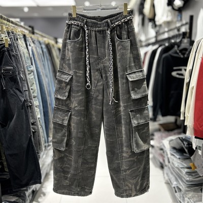 CYC潮牌25冬季工装裤男款加厚洗水迷彩多口袋机能风弯刀牛仔裤902