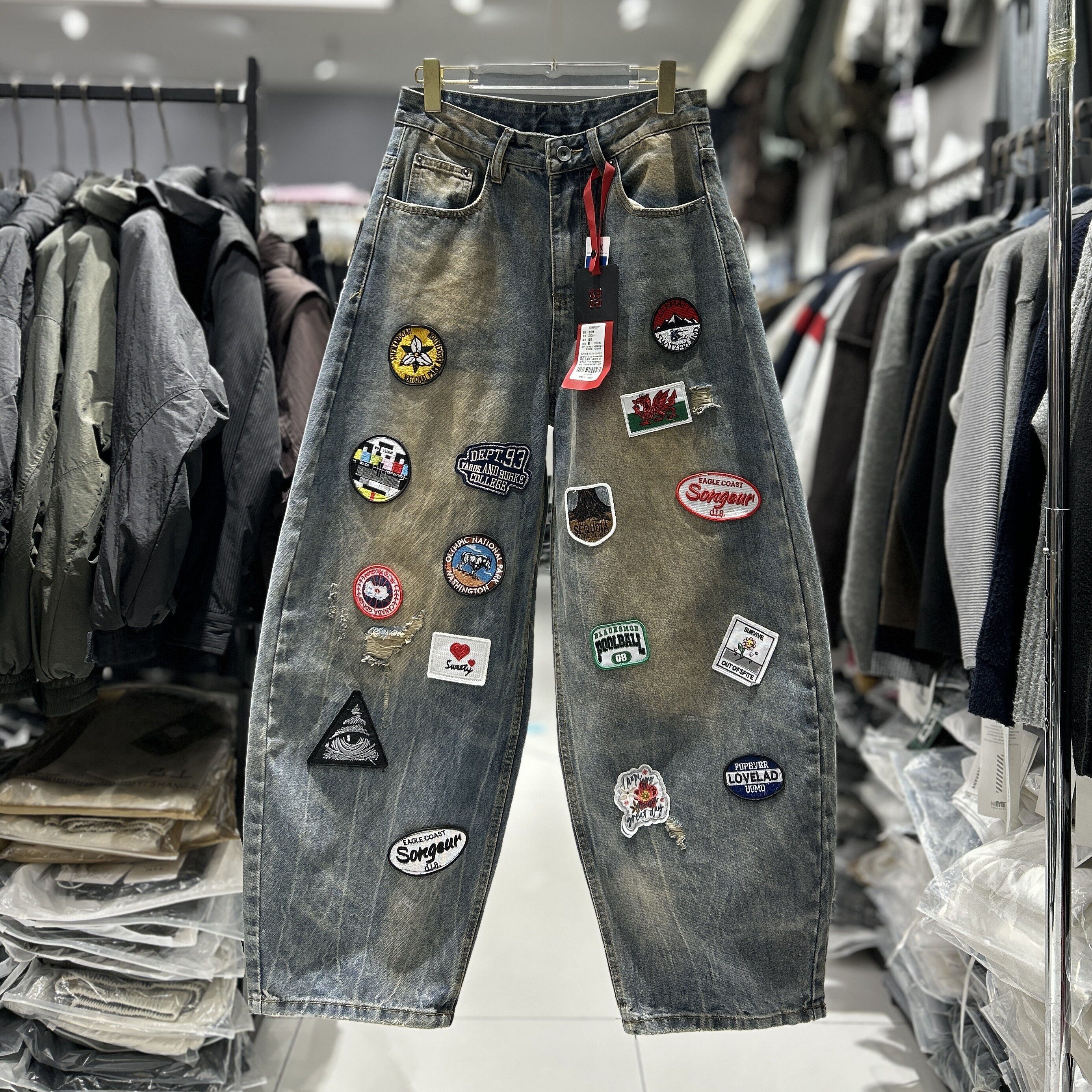 CYC潮牌高品刺绣美式街头风弯刀裤男重工小众蓝色阔腿牛仔裤31061