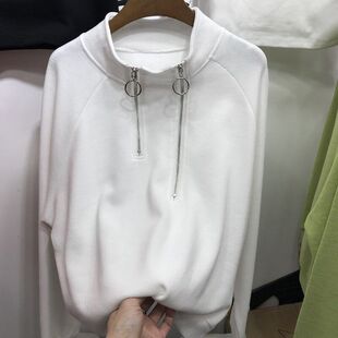卫衣双半拉链立领女装2023春秋短袖纯色宽松韩版T恤短款百搭显瘦