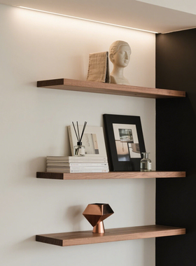 胡桃木墙上置物架搁板客厅卧室壁挂式墙面实木一字板隔板收纳架