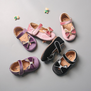 韩版童鞋秋冬季女童公主鞋蝴蝶结方口单鞋宝宝魔术贴丝绒软底布鞋