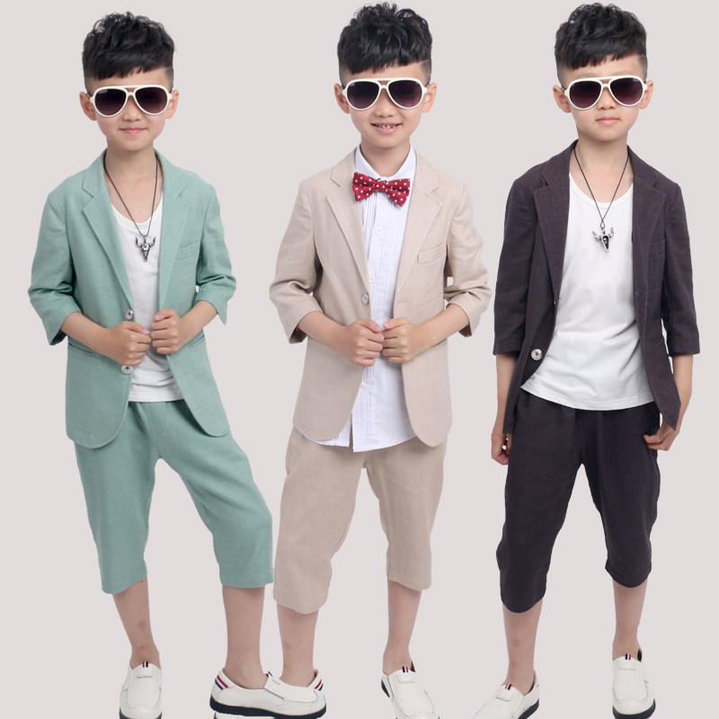男童西装套装春夏亚麻短袖西装儿童主持走秀表演小孩休闲花童礼服