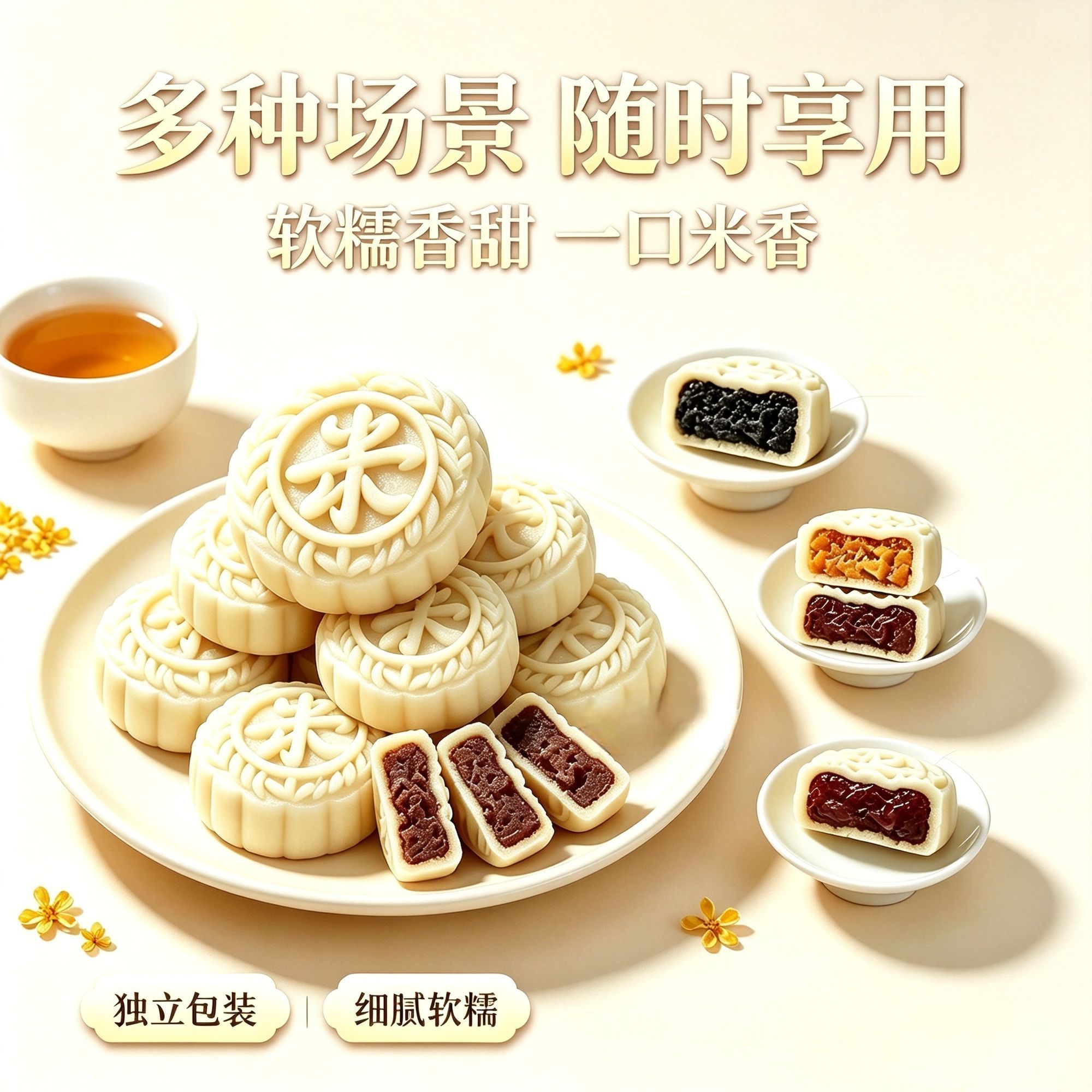 传统纯手工米月饼冰皮无蔗糖红枣五仁芝麻月饼小吃糕点零食点心
