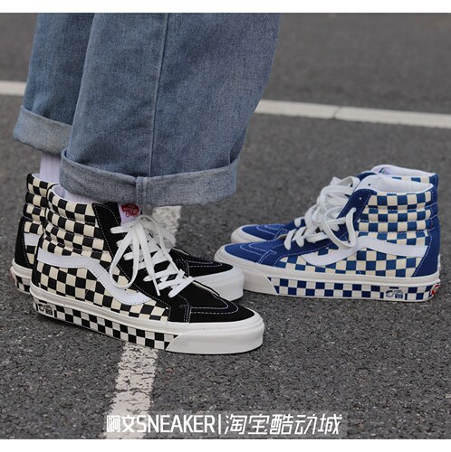 啊文VANS黑白蓝色棋盘格SK8-Hi安纳海姆高帮帆布鞋VN0A38GF2U7/8