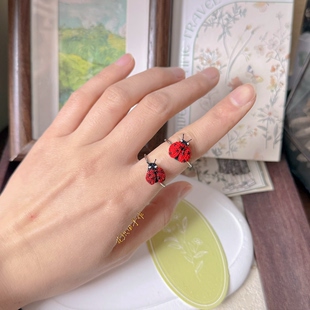 原创手工戒指蕾丝线微钩瓢虫花花森系百搭指环手作花花成品