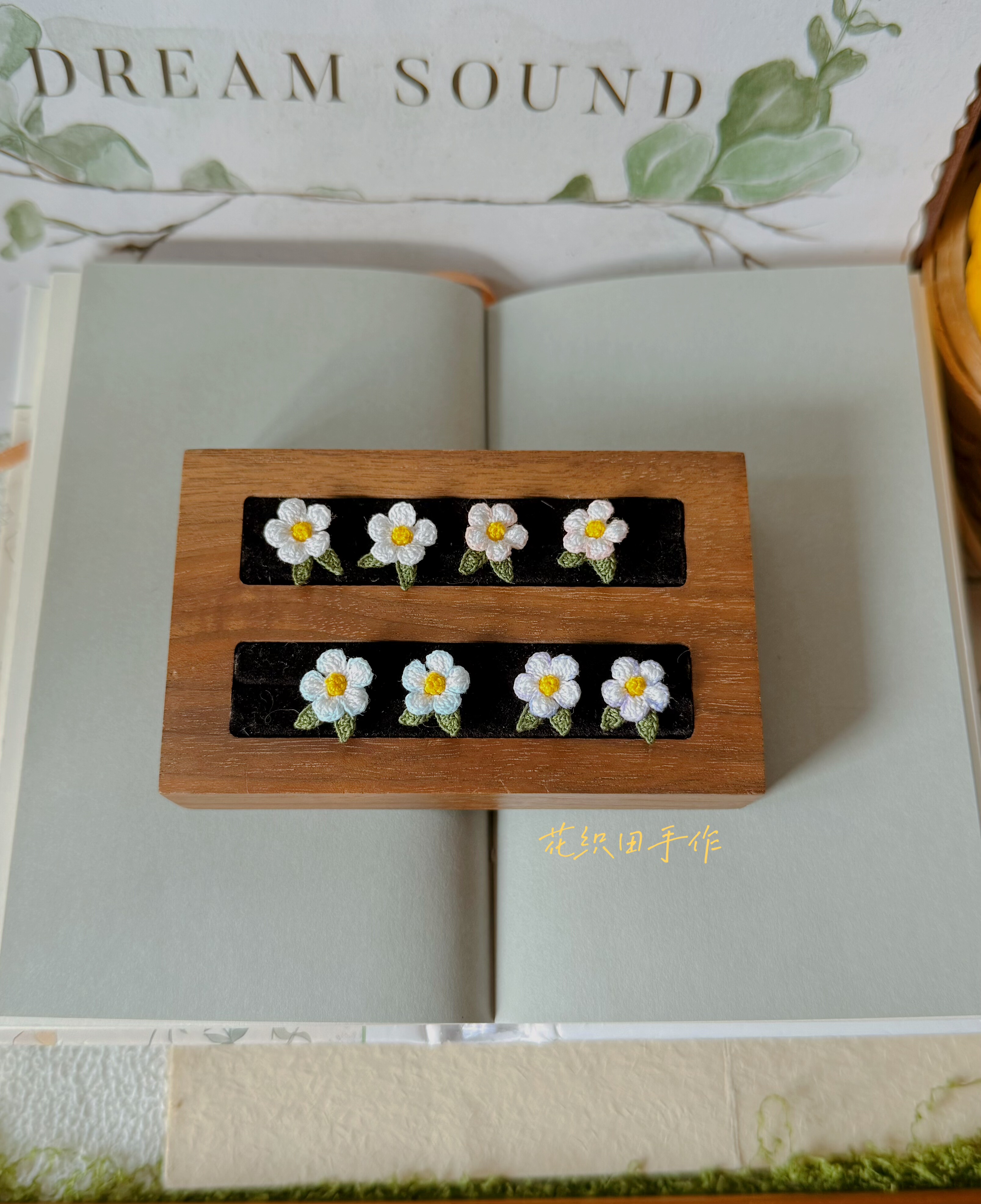 原创微钩编织小花纯银耳钉成品