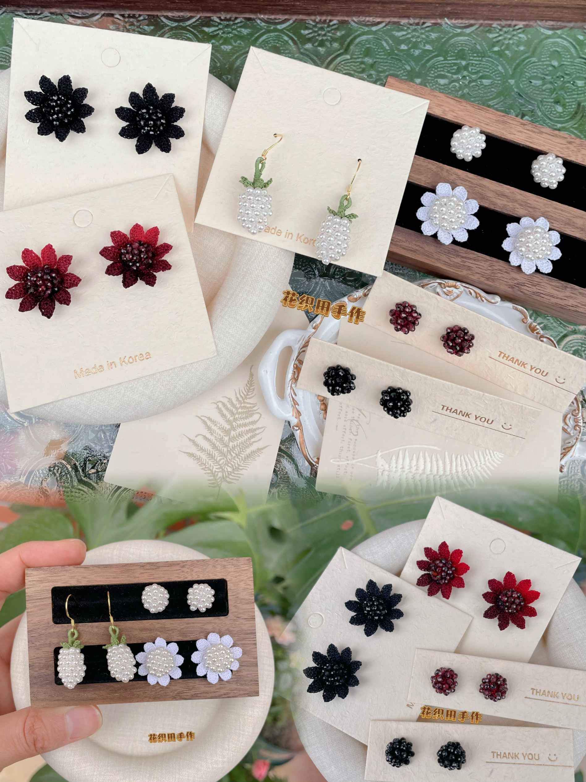 花织田|原创手工微钩编织珍珠耳环耳饰纯银耳钉耳夹成品