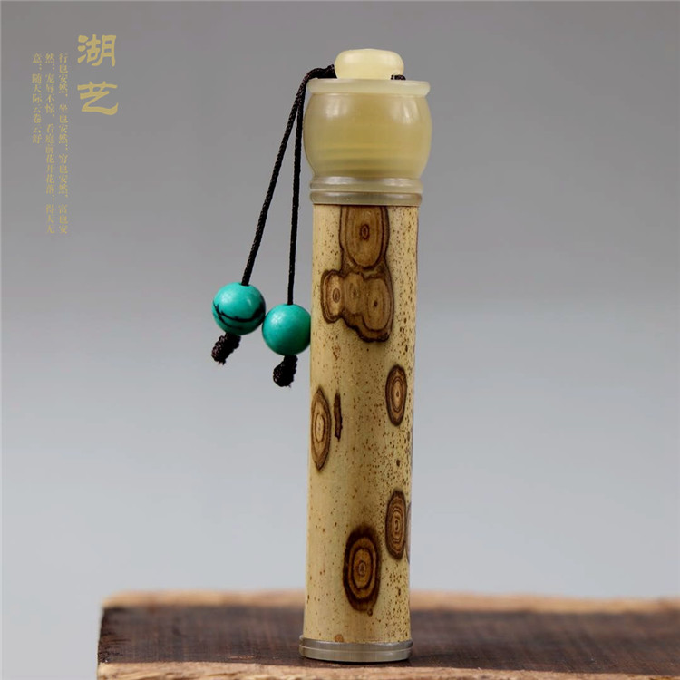 湖艺  精品梅鹿竹镶嵌花牛角螺口香囊 牙签筒烟丝筒手工打磨
