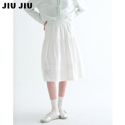 JIUJIU小众设计感轻盈百搭松紧腰半身裙女显瘦高腰中长款a字裙子