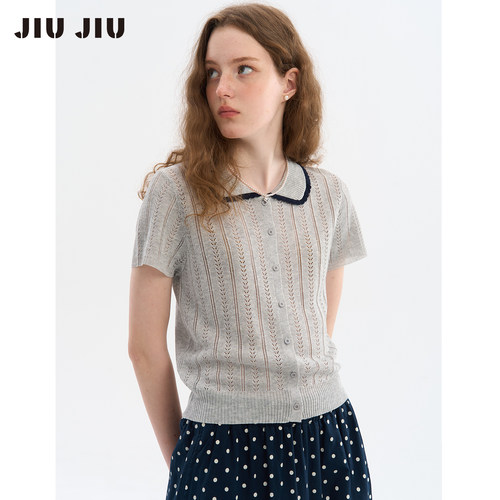 JIUJIU娃娃领针织衫女夏季新款温柔减龄显瘦气质短袖百搭学院上衣