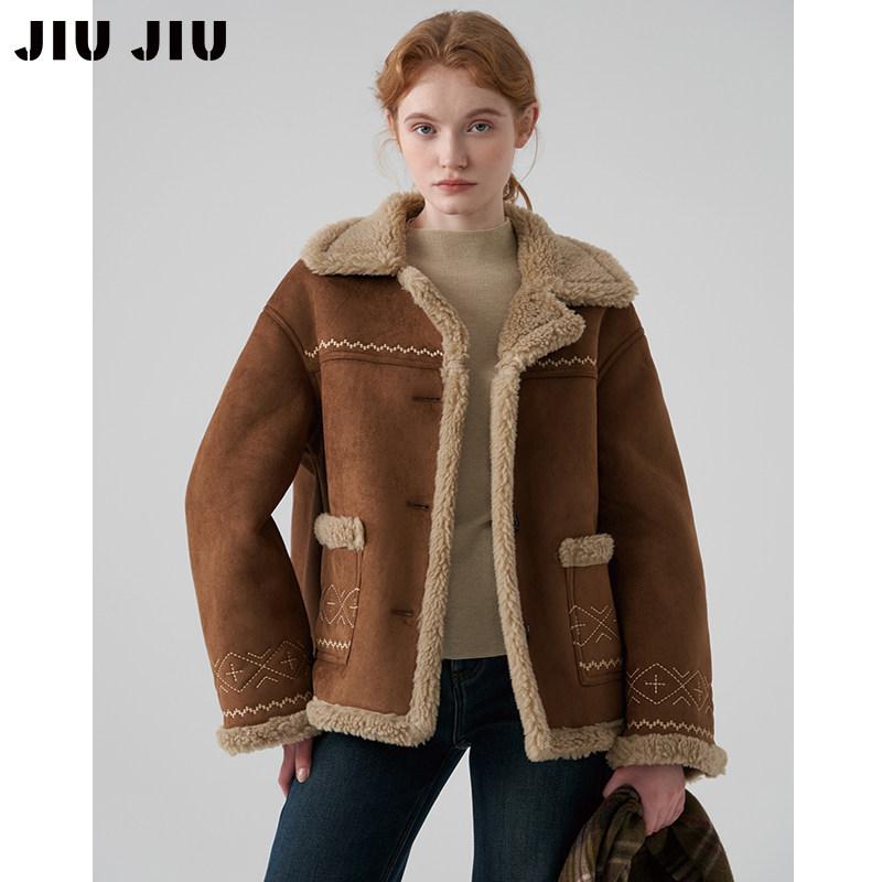JIUJIU美式复古刺绣仿麂皮绒外套女冬季2025新款加厚保暖毛毛上衣,女装/女士精品,短外套,淘宝优惠券,粉丝福利购,淘宝优惠卷
