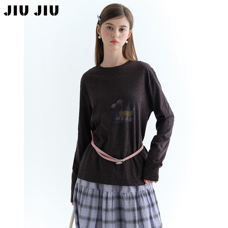 JIUJIU趣味可爱小狗印花深灰色T恤女长袖春季2026新款休闲上衣