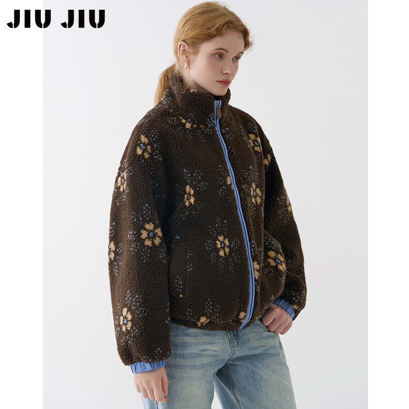 JIUJIU复古花朵仿羊羔毛外套女冬季2025新款设计感休闲毛毛上衣