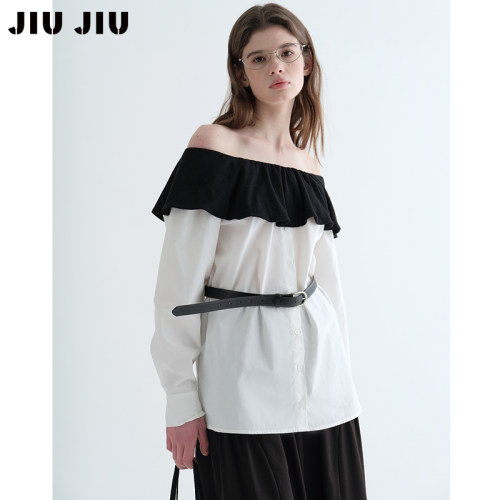 JIUJIU法式复古荷叶边一字肩衬衫女春季2026新款设计感收腰衬衣
