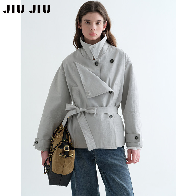 JIUJIU法式造型感双排扣立领短款风衣外套女春季显瘦系带收腰上衣,女装/女士精品,风衣,淘宝优惠券,粉丝福利购,淘宝优惠卷