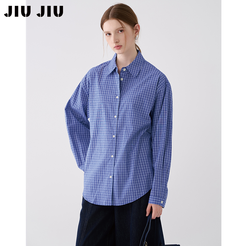 JIUJIU复古学院风蓝色格子衬衫女秋季2025新款高级感休闲衬衣上衣