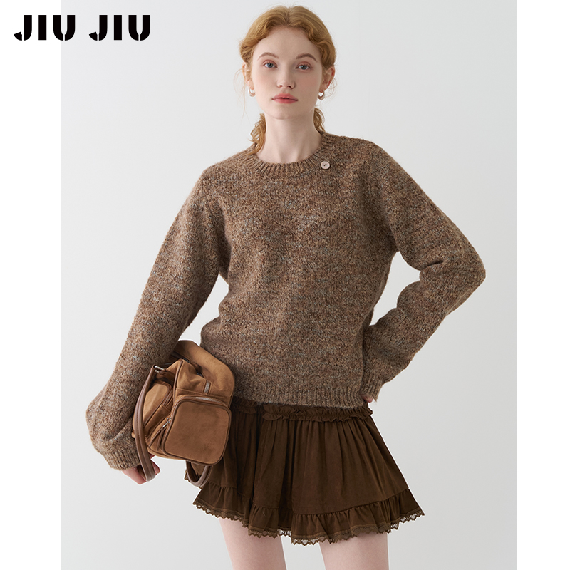 JIUJIU美式复古彩色纱线毛衣女秋冬2025新款加厚休闲针织衫上衣