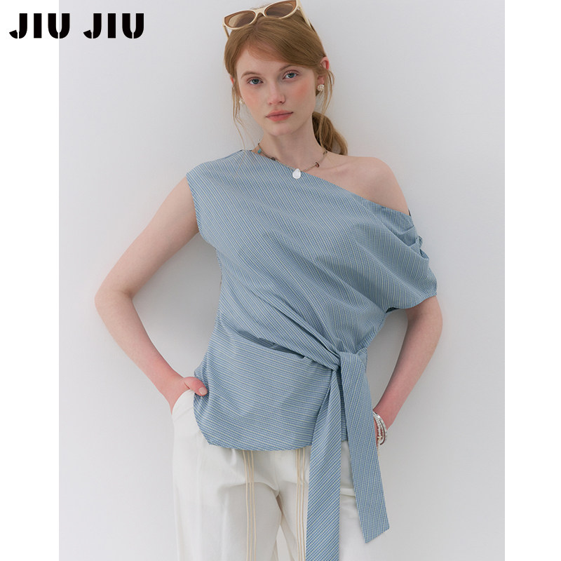 JIUJIU设计感不规则绑带斜肩格子衬衫女夏季显瘦收腰气质衬衣上衣图片