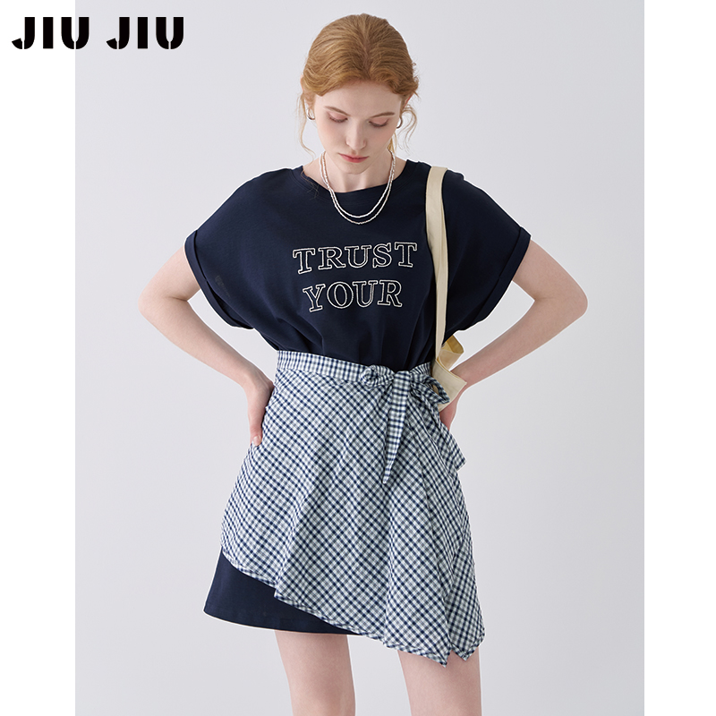 JIUJIU美式复古学院风休闲连衣裙女夏季2025新款叠穿屁帘T恤短裙