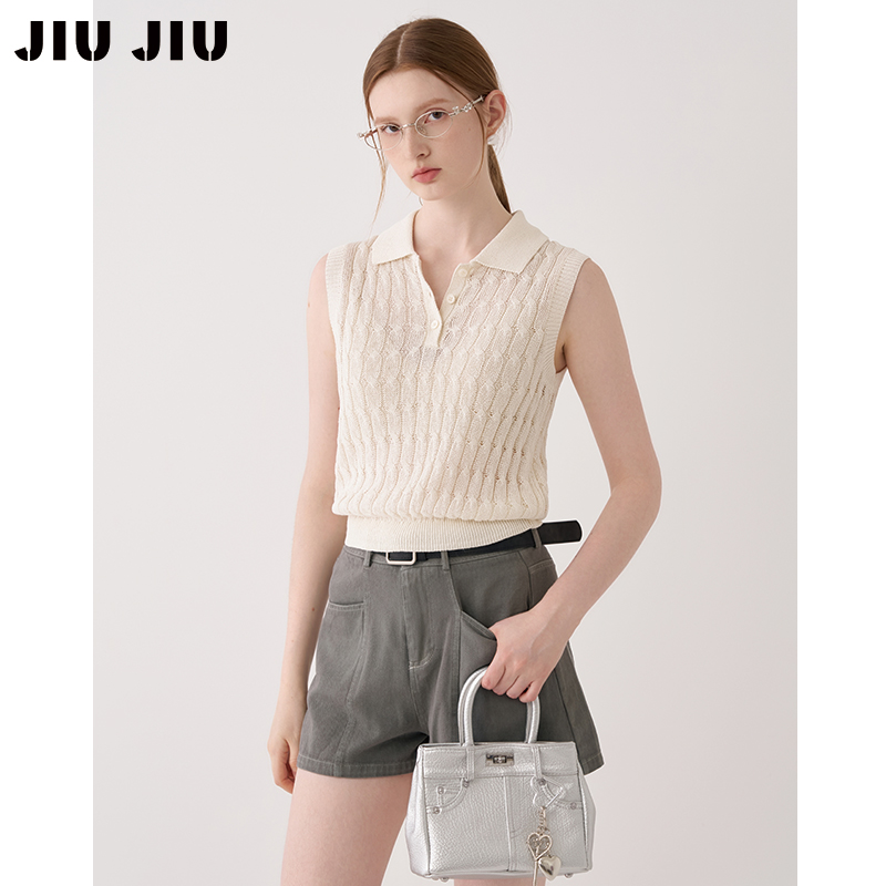 JIUJIUmiu系polo领绞花针织衫女夏季2025新款减龄无袖背心上衣