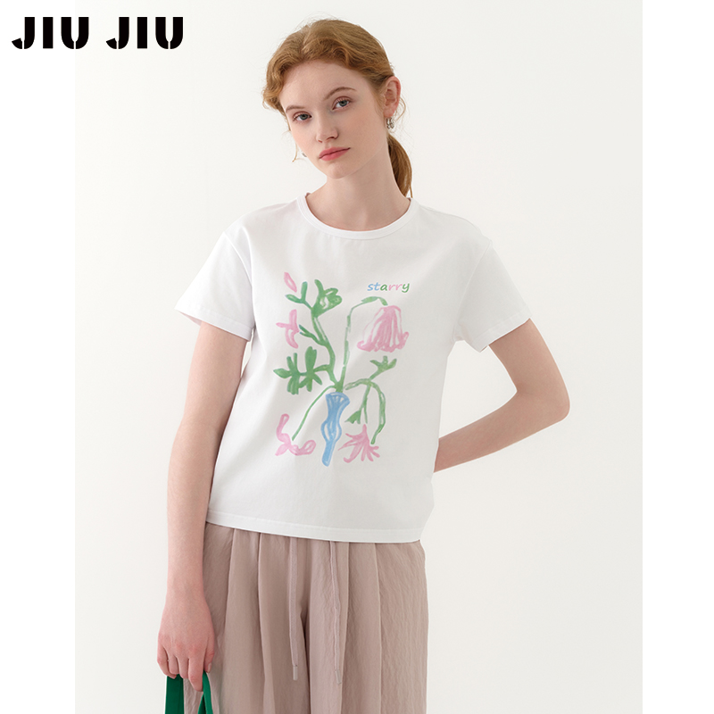 JIUJIU手绘花朵印花白色T恤女短袖夏2025新款显瘦圆领套头上衣