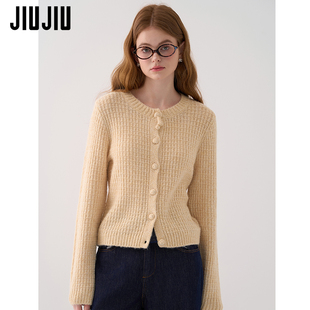 JIUJIU樱桃扣华夫格黄色针织开衫女2025秋季新款气质百搭毛衣外套