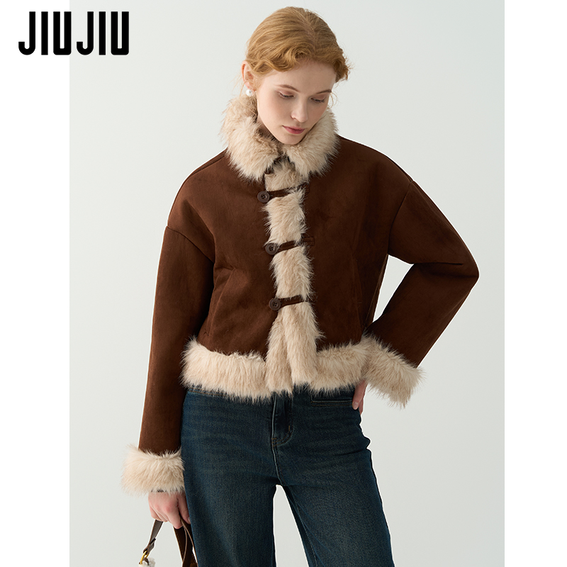 JIUJIU复古毛绒外套女冬季2025新款设计感短款加厚皮毛一体上衣