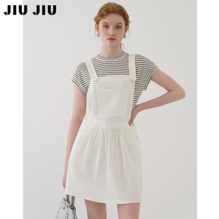 JIUJIU复古减龄白色背带连衣裙女夏2026新款 宽松休闲小个子背带裙