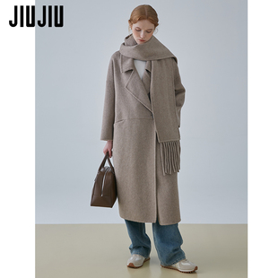 2025新款 JIUJIU复古英伦风全羊毛围巾大衣女冬季 设计感双面呢外套
