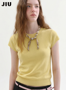 JIUJIU法式高级感丝巾黄色针织衫女短袖春夏2026新款设计感上衣