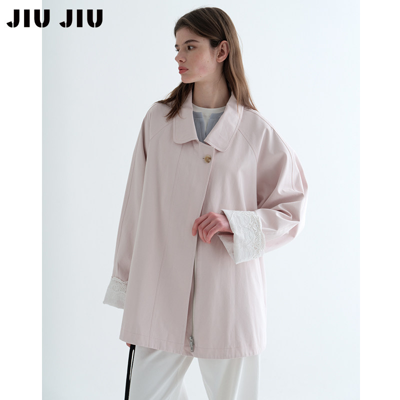 JIUJIU蜜桃粉蕾丝拼接风衣外套女春季2026新款休闲小个子百搭上衣,女装/女士精品,风衣,淘宝优惠券,粉丝福利购,淘宝优惠卷