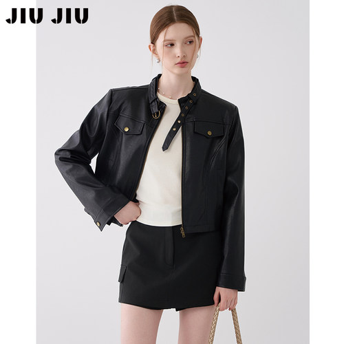 JIUJIU复古做旧机车风立领皮衣外套女秋季2026新款短款夹克上衣