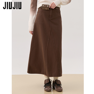 JIUJIU美式复古腰包牛仔半身裙女中长款2026春秋新款显瘦a字裙