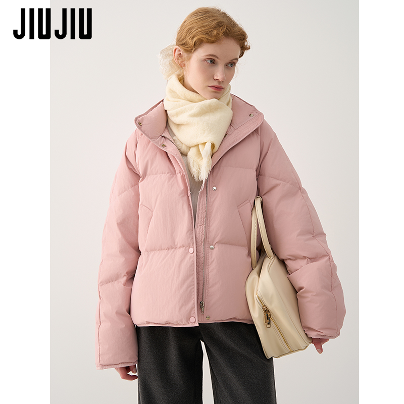 JIUJIU多巴胺粉色立领羽绒服女冬季2025新款加厚保暖休闲面包服