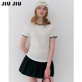 JIUJIU美式 夏季 2026新款 显瘦休闲百搭上衣 复古黑白撞色T恤女短袖