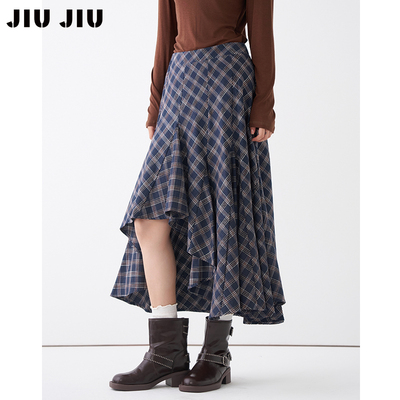 JIUJIU设计感复古不规则格子半身裙女中长款秋季显瘦高腰a字裙