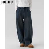 复古加绒加厚牛仔裤 长裤 女宽松冬季 显瘦高腰阔腿裤 新款 JIUJIU美式
