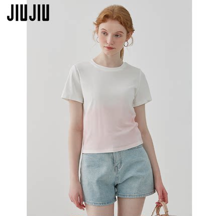 JIUJIU渐变色T恤女短袖2024夏季新款宽松设计感时尚气质短款上衣