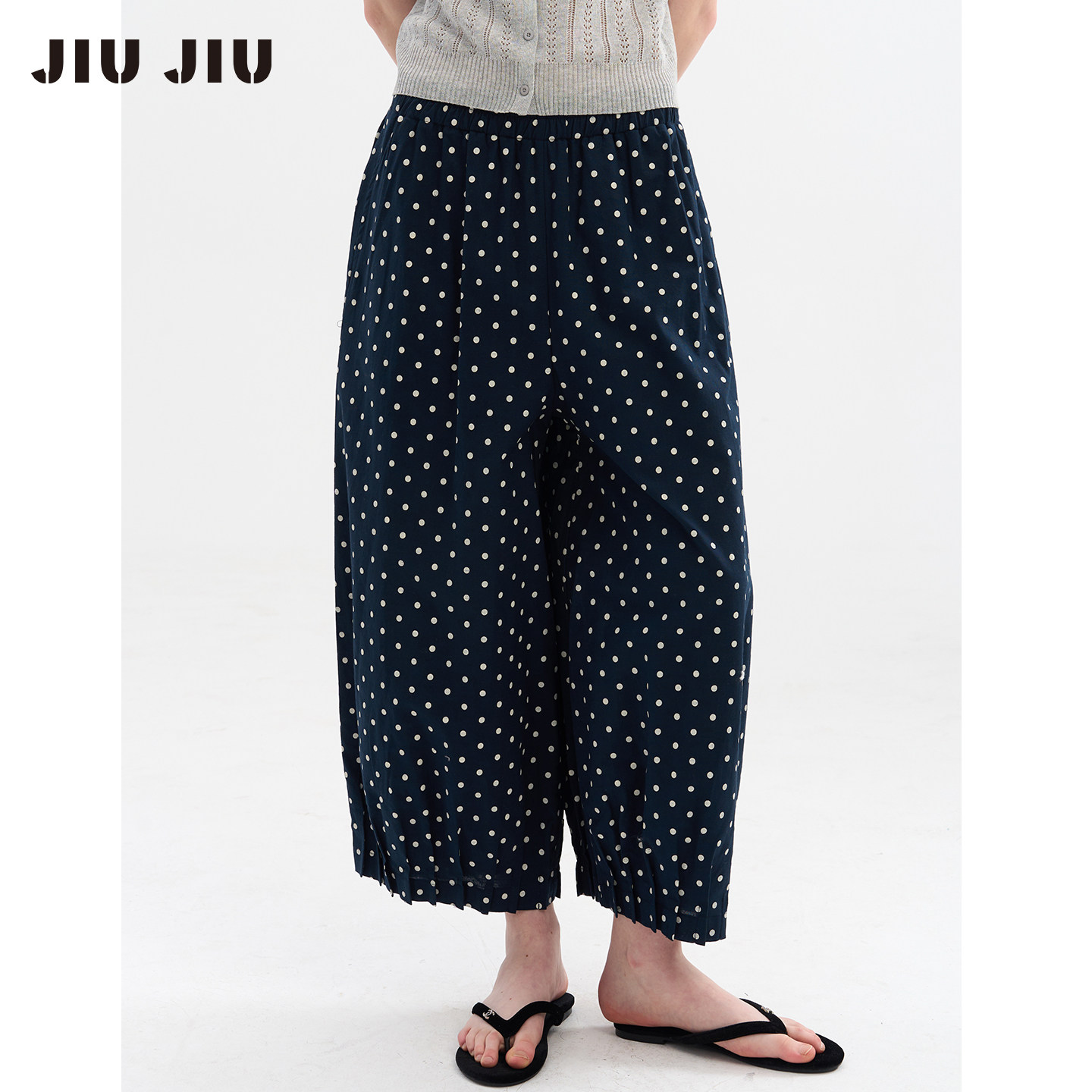 JIUJIU复古波点松紧腰九分裤女夏季宽松阔腿裤百搭休闲亚麻长裤图片